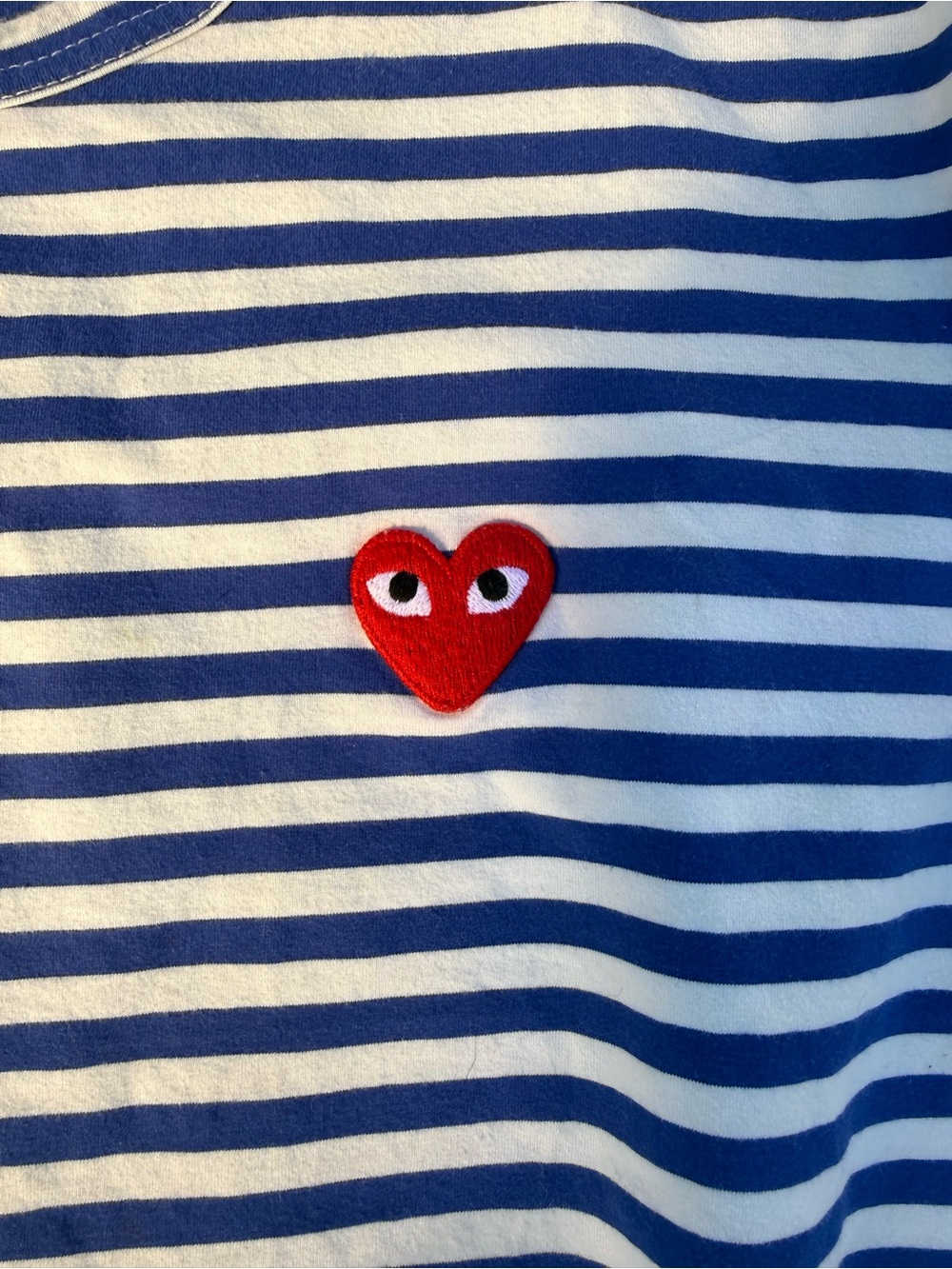 Comme des Garçons PLAY Blue & White Striped Long-Sleeve Tee with Red Heart - Picture 2 of 4